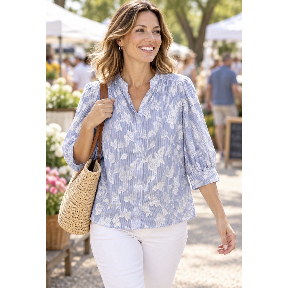 CeCe Blue cotton bell sleeves XXL button down  floral Size 2XL